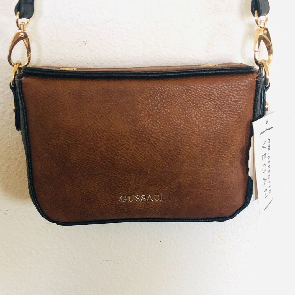 Gussaci Italy Crossbody Bag Purse brown Black Vegan Leather NWT Retail at $59